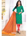 Dark Green Cotton Embroidered Straight Suit With Banarasi Dupatta