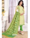 Cream Cotton Embroidered Straight Suit With Banarasi Dupatta