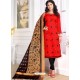 Red Cotton Embroidered Straight Suit With Banarasi Dupatta