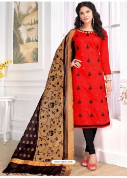 Red Cotton Embroidered Straight Suit With Banarasi Dupatta