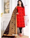 Red Cotton Embroidered Straight Suit With Banarasi Dupatta