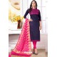 Navy Blue Cotton Embroidered Straight Suit With Banarasi Dupatta