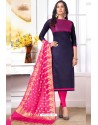 Navy Blue Cotton Embroidered Straight Suit With Banarasi Dupatta