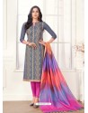 Grey Cotton Fancy Embroidered Straight Suit