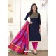 Navy Blue Cotton Fancy Embroidered Straight Suit
