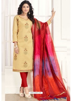 Beige Cotton Fancy Embroidered Straight Suit