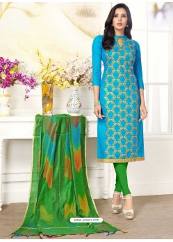 Blue Cotton Fancy Embroidered Straight Suit