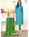 Blue Cotton Fancy Embroidered Straight Suit