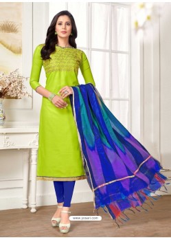 Parrot Green Cotton Fancy Embroidered Straight Suit