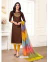 Coffee Brown Cotton Fancy Embroidered Straight Suit