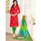 Red Cotton Fancy Embroidered Straight Suit