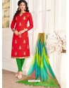 Red Cotton Fancy Embroidered Straight Suit