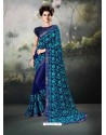 Navy Blue And Firozi Georgette Thread Worked Designer Saree