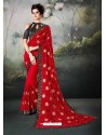 Red Georgette Thread Worked Designer Saree