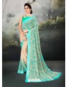 Cream And Sky Blue Georgette Thread Worked Designer Saree