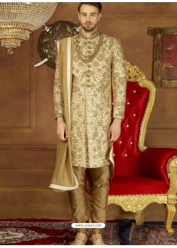 Amazing Cream Art Banarasi Silk Embroidered Designer Sherwani