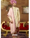 Cream And Pink Art Banarasi Silk Embroidered Designer Indo Western Sherwani