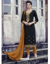Black Embroidered Cotton Straight Suit