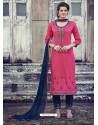Hot Pink Embroidered Cotton Straight Suit