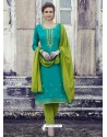 Turquoise Embroidered Cotton Straight Suit
