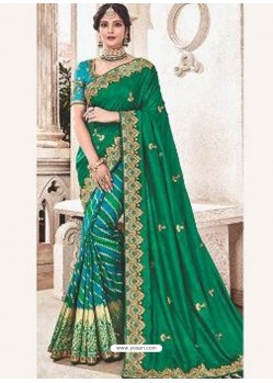 Dark Green Heavy Embroidered Silk Wedding Saree