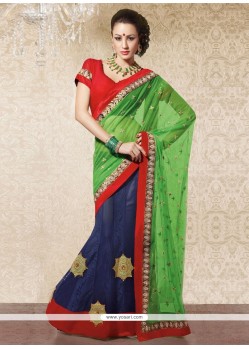 Magnificent Red And Blue Faux Georgette Lehenga Saree