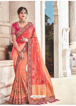 Light Orange Heavy Embroidered Silk Wedding Saree