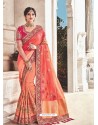 Light Orange Heavy Embroidered Silk Wedding Saree