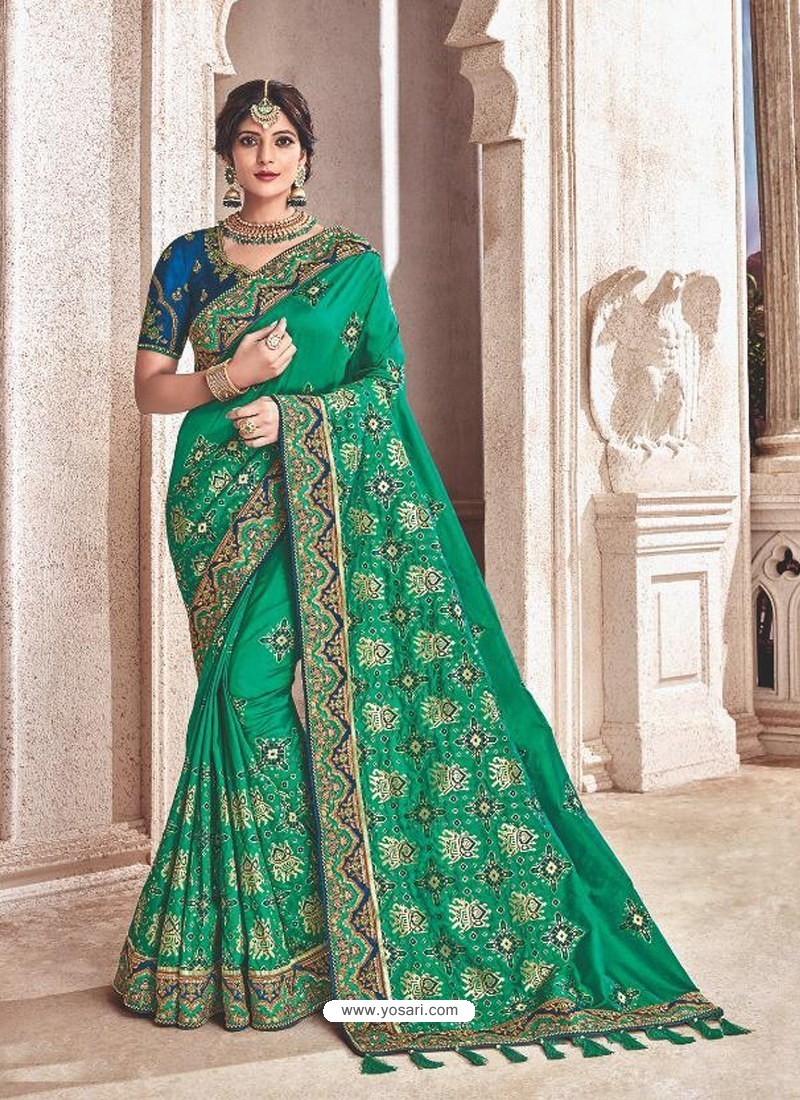 Buy Teal Heavy Embroidered Silk Wedding Saree