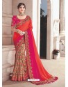 Red And Rani Heavy Embroidered Silk Wedding Saree