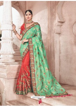 Green And Orange Heavy Embroidered Silk Wedding Saree