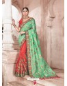 Green And Orange Heavy Embroidered Silk Wedding Saree