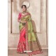 Fuchsia And Khaki Heavy Embroidered Silk Wedding Saree