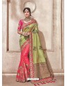 Fuchsia And Khaki Heavy Embroidered Silk Wedding Saree