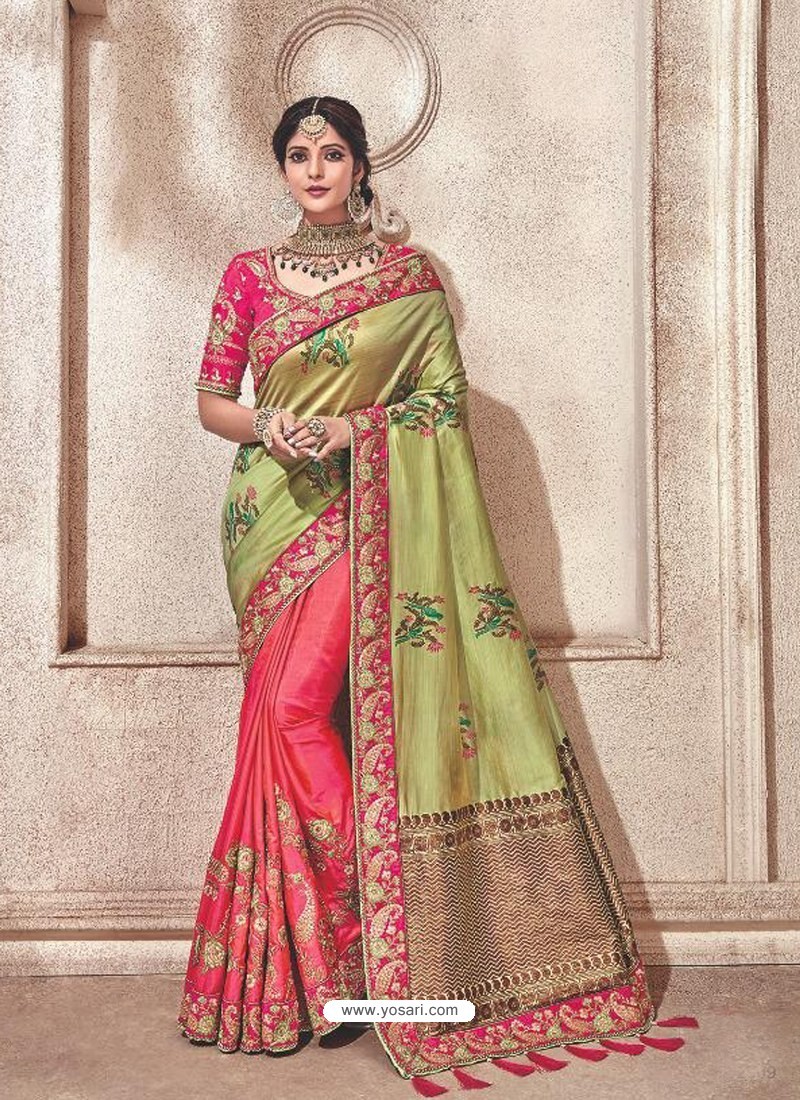 Buy Fuchsia And Khaki Heavy Embroidered Silk Wedding Saree