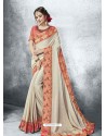 Light Beige Moss Heavy Border Embroidered Party Wear Saree