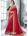 Red Georgette Heavy Border Embroidered Party Wear Saree