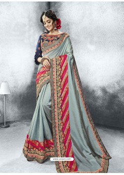 Grey Georgette Heavy Border Embroidered Party Wear Saree