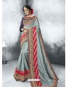 Grey Georgette Heavy Border Embroidered Party Wear Saree