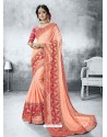 Peach Moss Heavy Border Embroidered Party Wear Saree