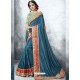 Teal Blue Moss Heavy Border Embroidered Party Wear Saree