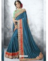 Teal Blue Moss Heavy Border Embroidered Party Wear Saree