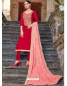Red Modal Silk Embroidered Churidar Suit