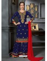 Navy Blue Faux Georgette Heavy Stone Embroidered Designer Palazzo Suit