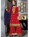 Red Faux Georgette Heavy Stone Embroidered Designer Palazzo Suit