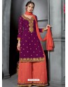 Purple And Red Faux Georgette Heavy Stone Embroidered Designer Palazzo Suit