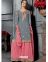 Grey And Pink Faux Georgette Heavy Stone Embroidered Designer Palazzo Suit