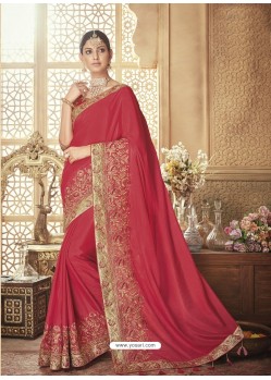 Red Silk Heavy Embroidered Designer Saree