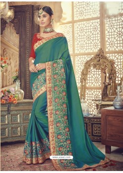 Forest Green Silk Heavy Embroidered Designer Saree
