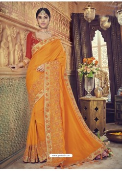 Glorious Orange Silk Heavy Embroidered Designer Saree